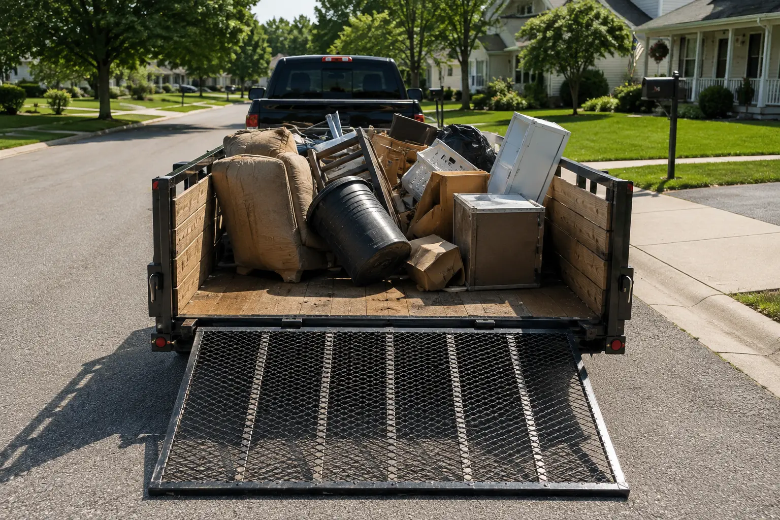 ET Junk Solutions trailer loaded with furniture and junk in a Noblesville neighborhood