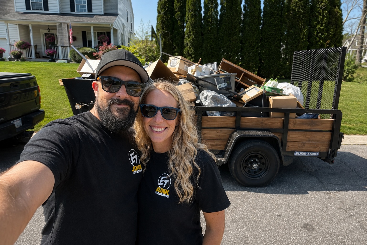 Tony and Erika, founders of ET Junk Solutions, in front of a loaded junk removal trailer